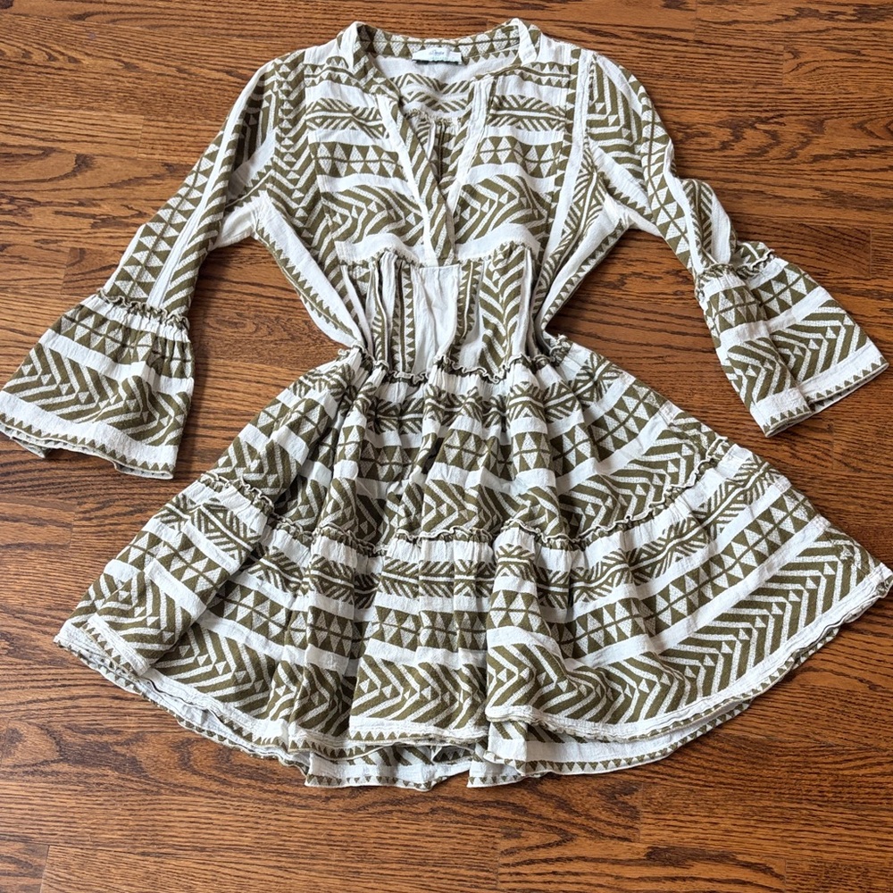 Devotion TWINS Ella Dress Olive and Cream Geometric pattern Cotton XS